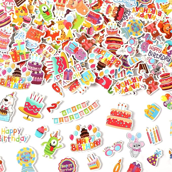 JULBEAR 300 Pieces Happy Birthday Foam Stickers Bulk Self-Adhesive Cute Cartoon Birthday Stickers for Arts Crafts Kids Students Teachers Classroom Reward Gifts Birthday Treat Greeting Card Decoration