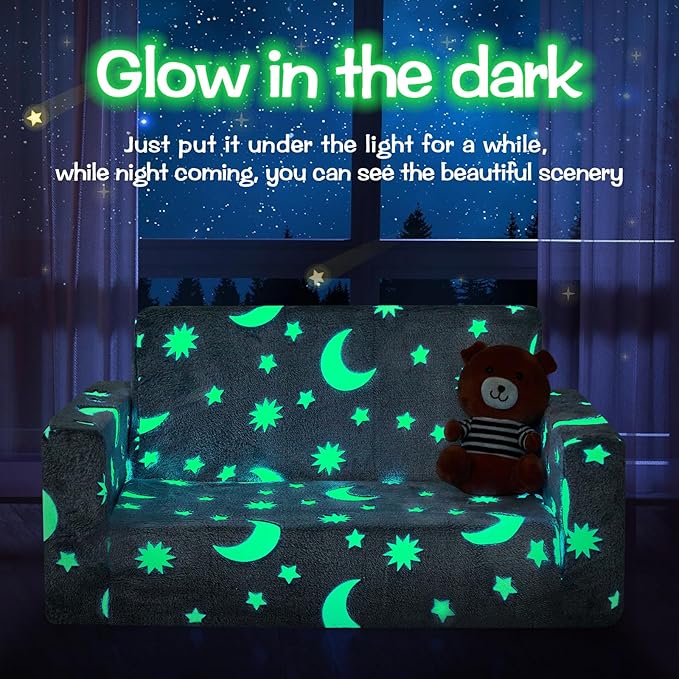 Toddler Couch, Toddler Chair Folding, Kids Couch 2 in 1, Kids Sofa for Playroom-Extra Soft 2 Seats, Glow in The Dark Open Couch, Gifts for Kids, Sleeper for Girls Boys, Grey Green