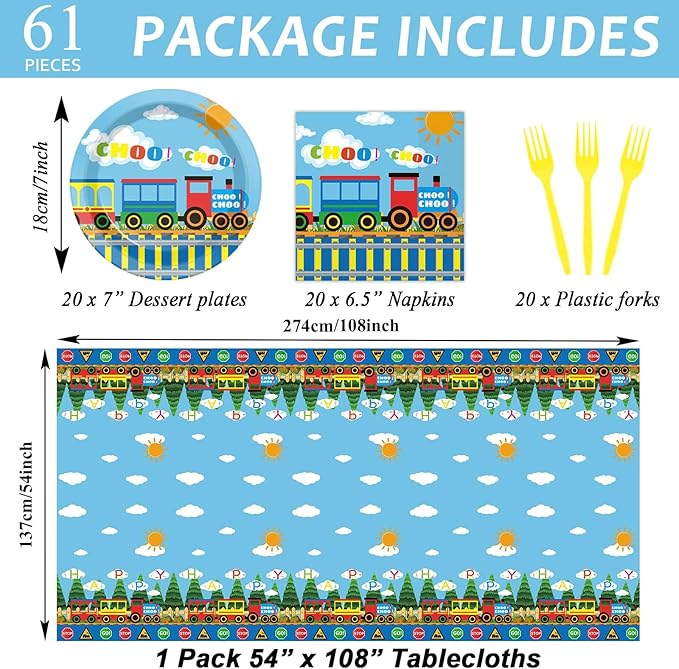gisgfim Train Birthday Party Supplies Train Theme Party Tableware Includes Train Party Plates Napkins Fork and Train Theme Tablecloth for Birthday Parties Decorations Set Serve 20