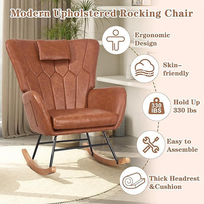 VECELO Rocking Chair Nursery with Thick Headrest, Modern PU Upholstered Reading Glider Rocker Accent Armchair with High Backrest, Padded Seat, Side Pocket, for LivingRoom, Bedroom, Baby Room, Brown