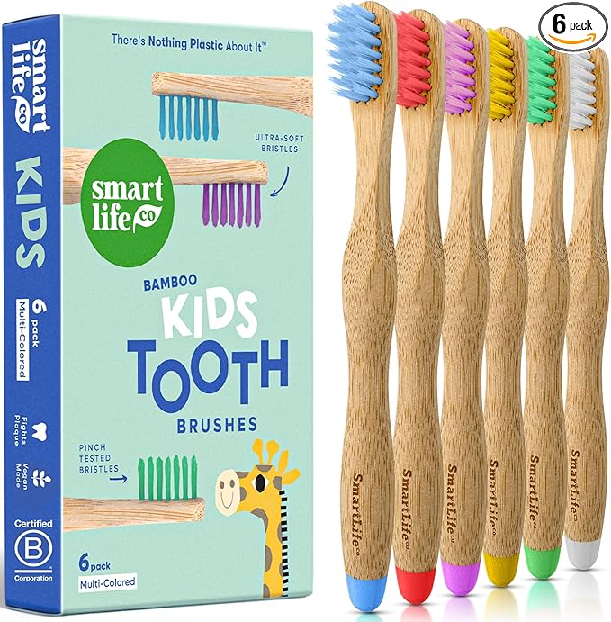 Kids Bamboo Toothbrushes (6 Pack) - Extra Soft Bristles For Toddlers Teeth | Zero Waste Biodegradable Tooth Brushes For Children | Natural Wooden Child Size Handle | BPA Free, Eco-Friendly Compostable