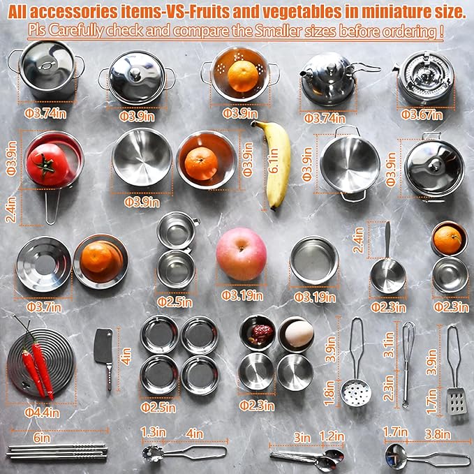 Mini Size Kids Kitchen Pretend Play Toys Accessories with Stainless Steel Cookware Pots and Pans Set,Classic Kitchen Accessories Cooking Utensils Set Tiny Role Play Cooking Play Toy for Kids Toddlers