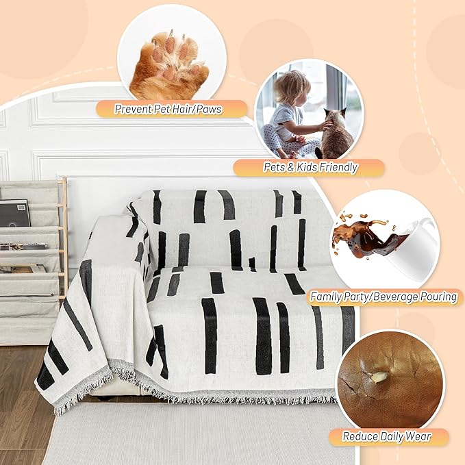 MYSKY HOME Sofa Covers for Sectional Sofa, Couch Cover for Dogs, Couch Covers with Tassel Loveseat Covers Futon Cover L Shaped Cover Washable Chenille Couch Protector, 71" x 118", Black Piano Key