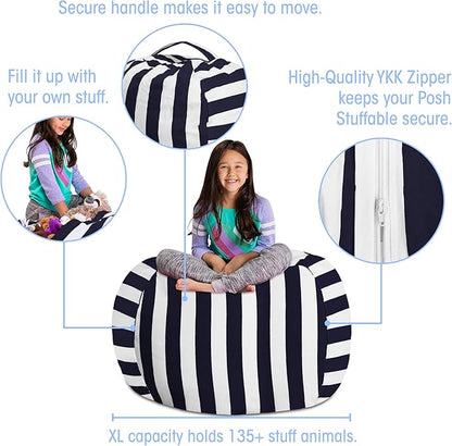 Posh Stuffable Kids Stuffed Animal Storage Bean Bag Chair Cover - Childrens Toy Organizer, X-Large 48" - Canvas Stripes Blue and White