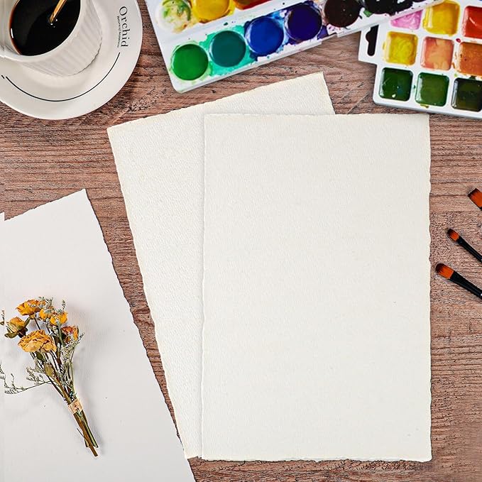 25 Sheets Watercolor Paper, 300 GSM Deckled Edge Paper 7.5 x 11.5 inch Rough/Textured Handmade Paper Cotton Paper for Watercolors, Wedding Invitations, Cards, Crafts