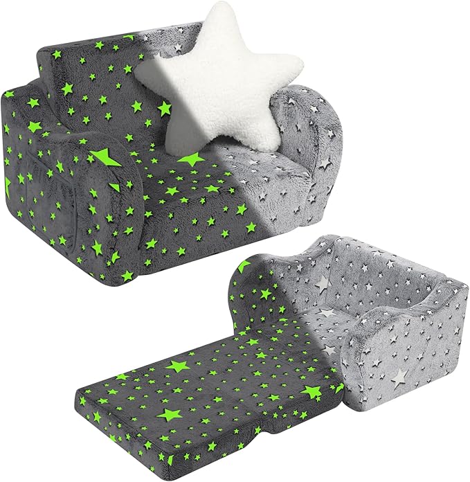 Star Glow in The Dark Toddler Couch, 2-in-1 Toddler Soft Couch Fold Out with Star Pillow, Convertible Sofa to Lounger for Girls and Boys, 1-Seat