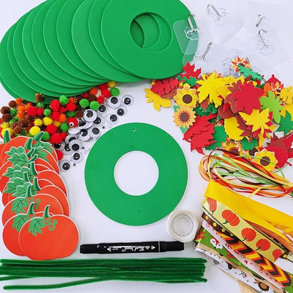 Winlyn 12 Sets Fall Craft Kits Kids Thanksgiving Halloween Pumpkin Crafts DIY Fall Foam Wreath Signs Decorations Art Sets Autumn Leaf Pumpkin Stickers Arts and Crafts for Kids Classroom Acitivities