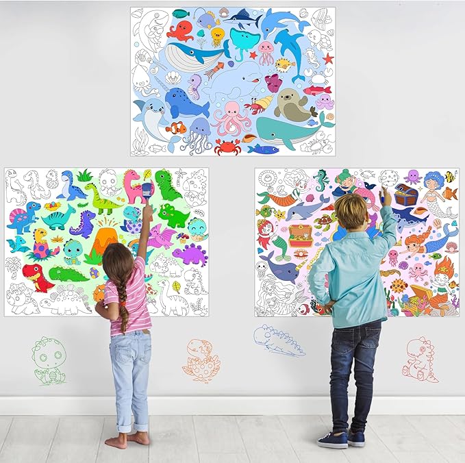 3Pack Giant Coloring Poster, Large Coloring Poster for Kids, Dinosaur, Mermaid, and Sea Animal Huge Big Coloring Page Craft with for Classroom Home Coloring Activities Birthday Gifts Party Favors