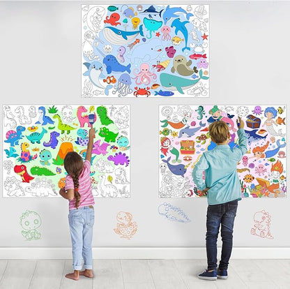 3Pack Giant Coloring Poster, Large Coloring Poster for Kids, Dinosaur, Mermaid, and Sea Animal Huge Big Coloring Page Craft with for Classroom Home Coloring Activities Birthday Gifts Party Favors