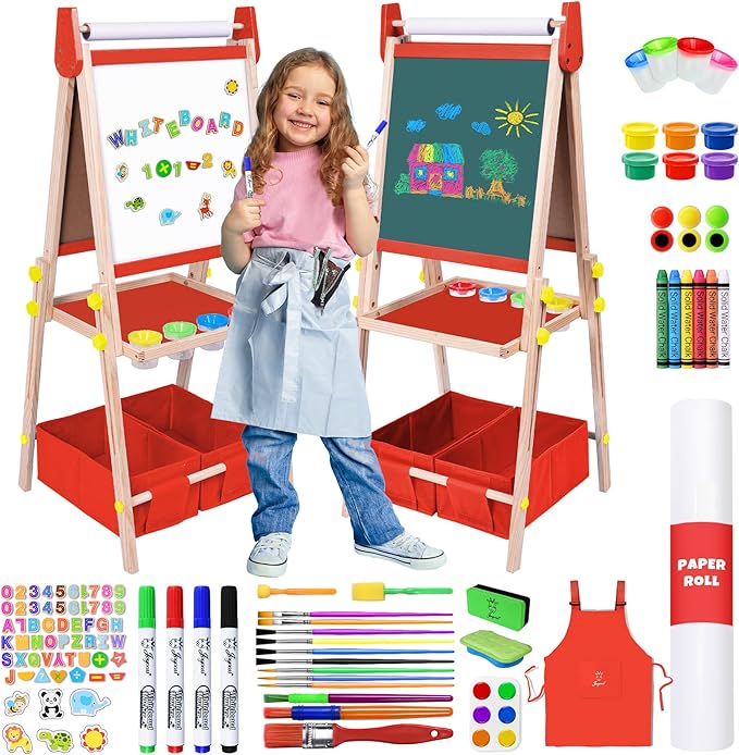 Joyooss Art Easel for Kids Easel for Toddlers, Adjustable Standing Wooden Toddler Easels Kids Magnetic Double Sided Whiteboard & Chalkboard, Art Easel for Kids Age 2-4 4-8 9-12 Toddler Art Easel Kid
