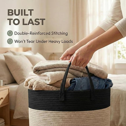 JMvicyroam 115L Extra Large Blanket Basket for Living Room - Woven Cotton Rope Laundry Hamper with Reinforced Handles - Storage Bin for Pillows, Comforters & Toys - Machine Washable,Black&Jute