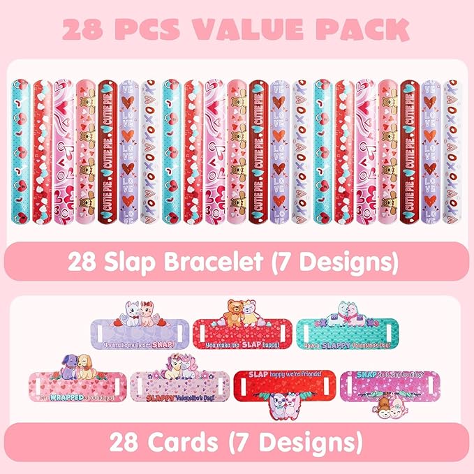 JOYIN 28 Valentine's Day Gifts Cards with Slap Bracelet, Animal Heart Snap Bracelet Wristband for Kids,Valentine's Party Favors, Valentine Classroom Exchange, Game Prizes