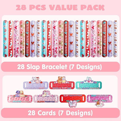 JOYIN 28 Valentine's Day Gifts Cards with Slap Bracelet, Animal Heart Snap Bracelet Wristband for Kids,Valentine's Party Favors, Valentine Classroom Exchange, Game Prizes