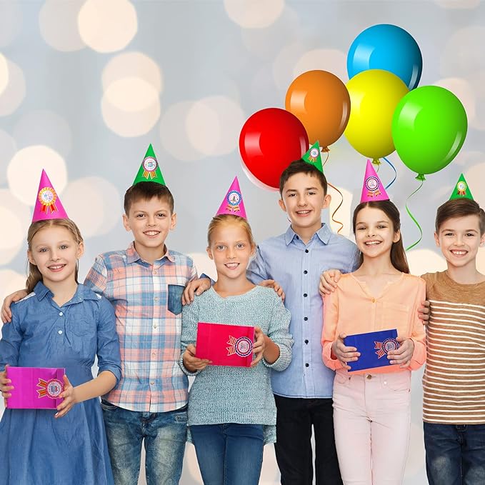 Leinuosen 248 Pcs School Supplies for Kids Classroom Include 200 Happy Birthday Badge Stickers Roll 24 Birthday Bracelets and 24 Rainbow Paper Gift Bag for Teacher Student School Decor (Bright Color)