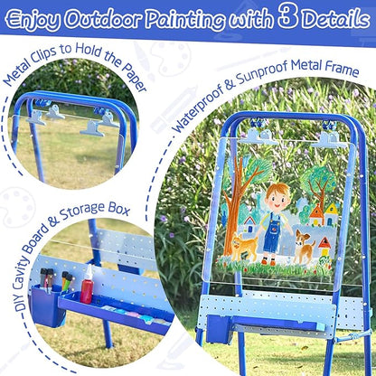 FUNLIO Foldable Outdoor Easel for Kids Aged 3+, Waterproof & Sunproof Kids Easel with 2 Acrylic Boards, Double-Sided Kids Easel with 21 pcs Accessories, Portable & Stable - Blue