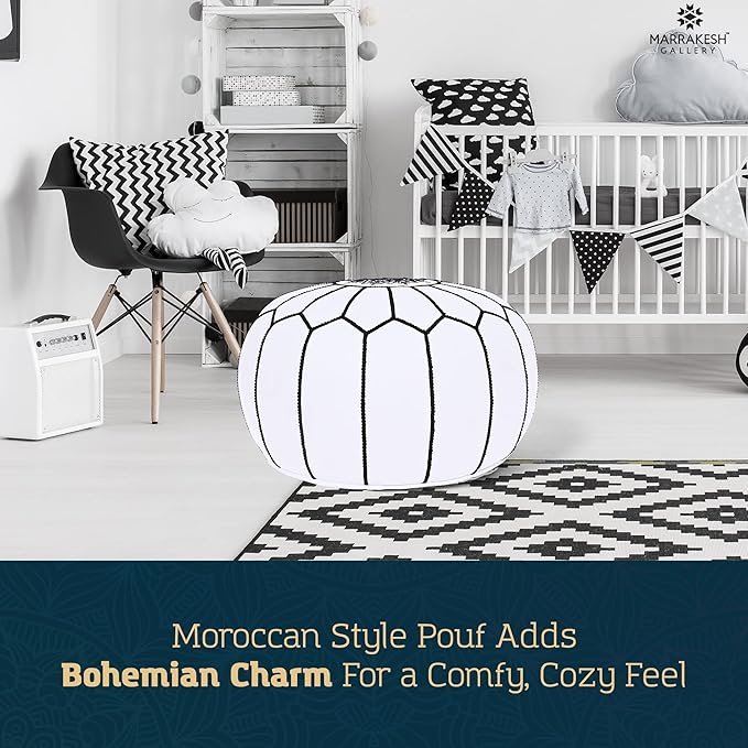 Marrakesh Gallery Genuine Leather Round Pouf Unstuffed - Moroccan Ottoman Footstool, Footrest Cover - Boho Decor - Bohemian Living Room, Bedroom, Kids Room, Gift & Wedding