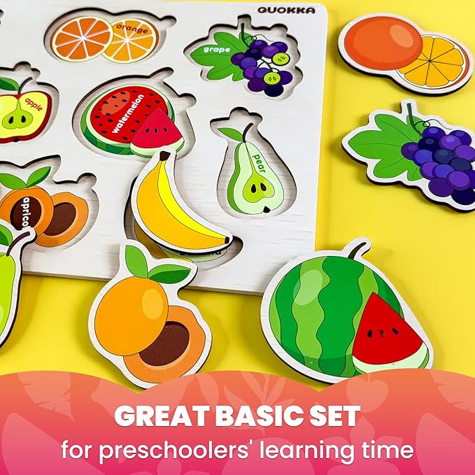 QUOKKA Wooden Puzzles for Toddlers 1-2 – 4 Set Pegged Puzzles for Kids Ages 1-2 – Fruits Learning Toy for Kids – Gift Realistic Educational Game for Boy and Girl