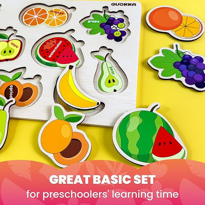 QUOKKA Wooden Puzzles for Toddlers 1-2 – 4 Set Pegged Puzzles for Kids Ages 1-2 – Fruits Learning Toy for Kids – Gift Realistic Educational Game for Boy and Girl