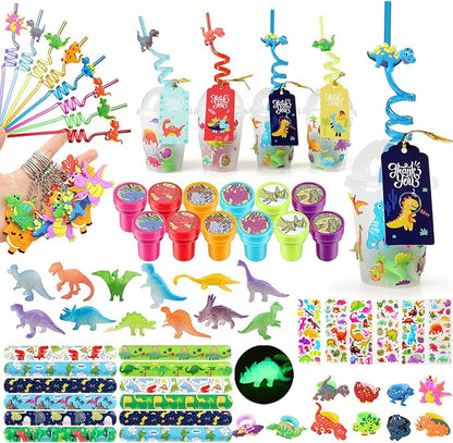MOVINPE Dinosaur Party Favors Personalize Goody Cups with Gift Tags, Filled with Dinosaur Themed Reusable Straws Stampers Luminous Dinos Figure Slap Bracelets Keychains Rings 3D Stickers for Kids