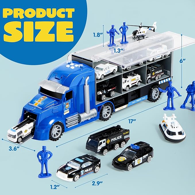 JOYIN 25 in 1 Police Rescue Truck Car Toy Set with Sounds and Lights, Mini Vehicles in Carrier Truck, Play Police Patrol Rescue Vehicle Toy, Birthday Gifts for Over 3 Years Old Boys, Easter Basket