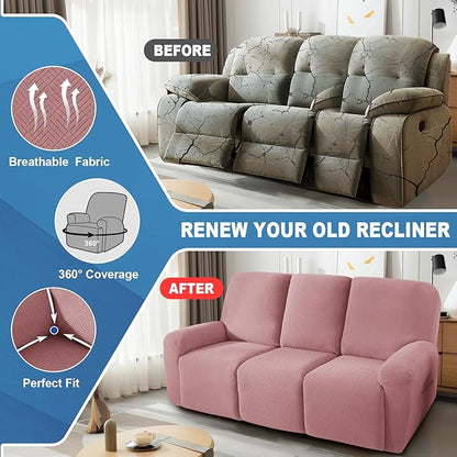 JIVINER 5 Pieces Recliner Sofa Covers Stretch Recliner Sofa Slipcover with Elastic Bottom Jacquard Fitted Reclining 3 Cushion Couch Cover Furniture Protector with Pockets (3 Seater, Dusty Pink)