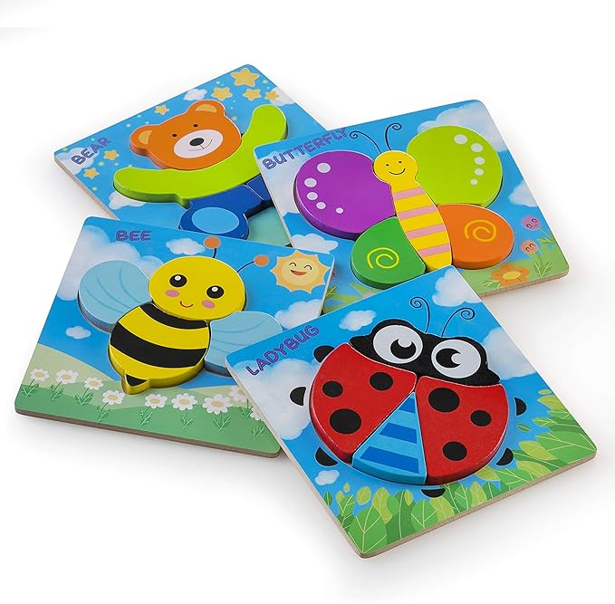 Wooden Puzzles for Toddlers 1-3 Girls & Boys, Sensory Toys, Educational Learning Toys: 4 Puzzles Ages 1-3, Gift Box, Storage Bag, Matching Coloring Book, Animals Puzzle for Toddlers Set of 4
