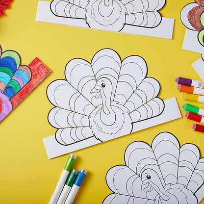JOYIN 24 Pcs Thanksgiving Coloring Headbands, Thanksgiving Color Your Own Turkey Crowns Kids Craft Set for Thanksgiving Kids School Activities Class Events Thanksgiving Party Decoration Supplies