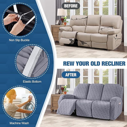 TAOCOCO Recliner Sofa Covers Stretch Reclining Couch Cover, Jacquard Recliner Couch Cover for 3 Seat Furniture Protector Sofa Slipcovers with Elastic Bottom for Kids, Pets (Light Grey)