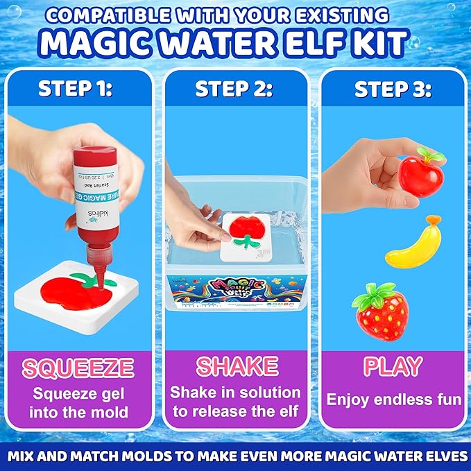 Kiditos Magic Water Elf Fruits & Vegetables Mold Set – 10 Reusable BPA Free Plastic Shapes for Creating Colorful Water Elves, STEM Craft Toy for Kids