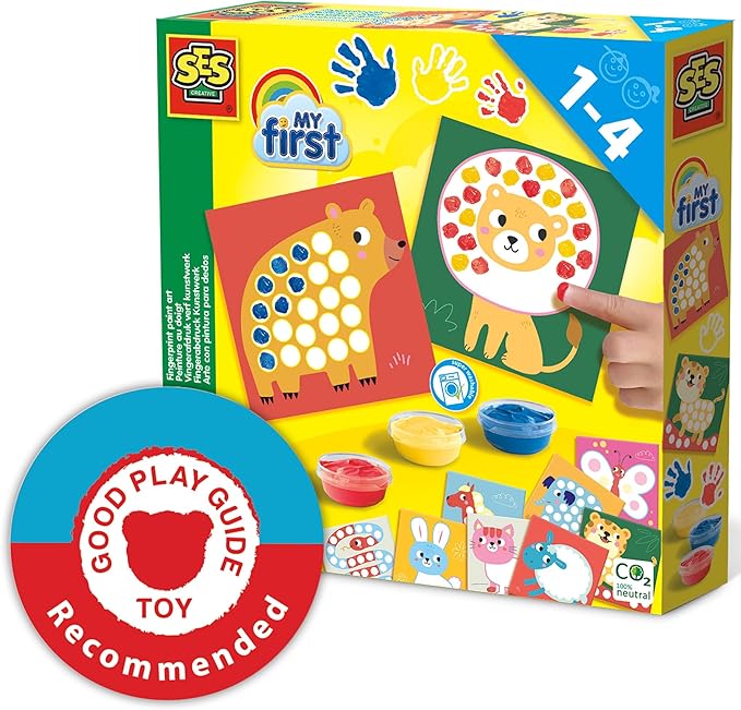 SES Creative: My First Fingerprint Paint Art - Craft Set, 10 Animal Coloring Sheets, Yellow-Red-Blue Non-Toxic Paint, Toy, Baby-Toddler-Kids Ages 1+