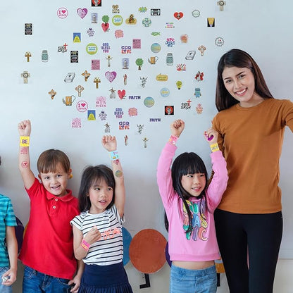 Kolewo4ever 244 Pieces Bible Verses Gifts Set:144 Pieces Bible Verses Slap Bracelets Religious Christian Wristbands 100 Pieces Bible Verses Stickers for Church Gatherings and Additional Activities