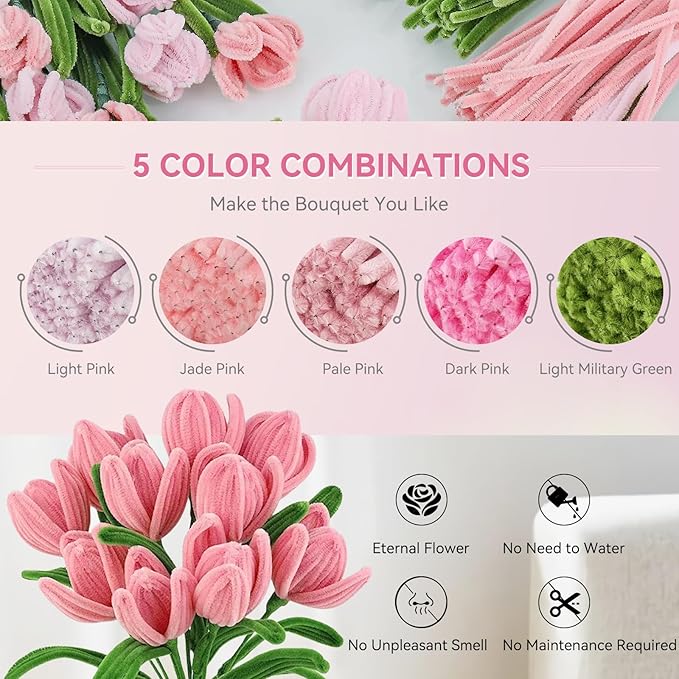 500 Pcs Thick Pipe Cleaners for DIY Flowers & Crafts – 5 Colors Chenille Stems with Glue Guns & Tape Measure – Perfect for Family Fun & Creativity, Holiday & Room Decorations (Pink, 12in x 8mm)