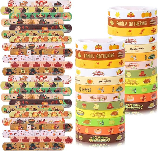 48Pcs Fall Thanksgiving Party Favors Slap Bracelets Rubber Wristbands Pumpkin Pattern Toys Bulk for Boys Girls Harvest Class Exchange Gifts Reward Prizes Thanksgiving Party Supplies