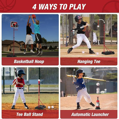 HYES 4 in 1 Kids Basketball Hoop and Tball Set 3-5, Basketball Goal with Scoreboard&LED, Hanging Tee Ball Stand with Baseball Pitching Machine, Indoor Outdoor Sport Toys for Boys 4-8
