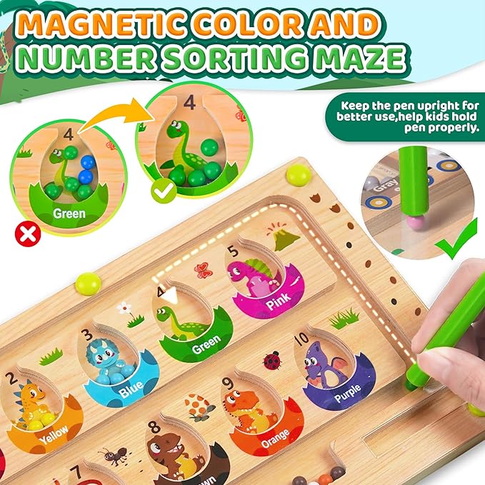 Montessori Toys Busy Board Travel Toys for Toddlers Kids Wooden Magnetic Color and Number Maze Puzzle, Dinosaur Learning Education Toys for Fine Motor Skills, Easter Basket Stuffers (Small)