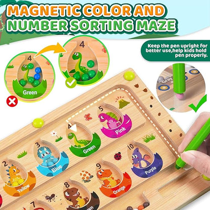 Montessori Toys Busy Board Travel Toys for Toddlers Kids Wooden Magnetic Color and Number Maze Puzzle, Dinosaur Learning Education Toys for Fine Motor Skills, Easter Basket Stuffers (Small)
