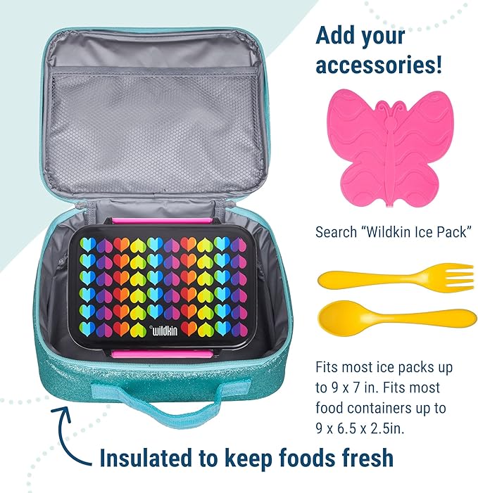Wildkin Kids Insulated Lunch Box Bag for Boys & Girls, Reusable Kids Lunch Box is Perfect for Elementary, Ideal Size for Packing Hot or Cold Snacks for School & Travel Bento Bags (Blue Glitter)