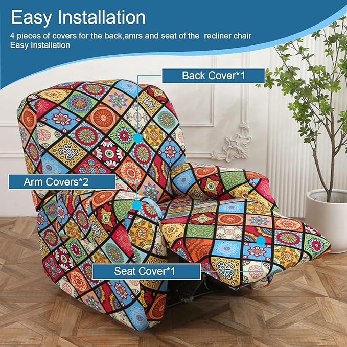 NILUOH Recliner Chair Covers 4-Pieces Stretch Lazy Boy Recliner Covers with Pocket Floral Pattern Reclining Slipcovers Soft Sofa Slipcover Furniture Protector for Pets Kids (Recliner, Pattern 20)