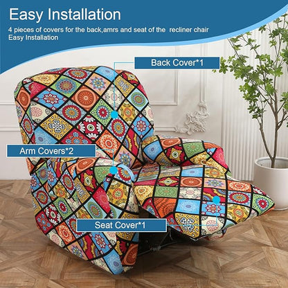 NILUOH Recliner Chair Covers 4-Pieces Stretch Lazy Boy Recliner Covers with Pocket Floral Pattern Reclining Slipcovers Soft Sofa Slipcover Furniture Protector for Pets Kids (Recliner, Pattern 20)