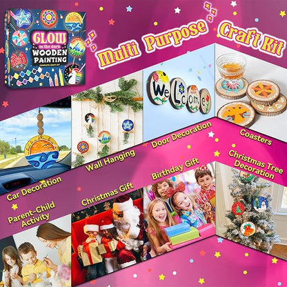 klmars Kids Wooden Painting Kit-Glow in The Dark-Arts & Crafts Gifts for Boys Girls Ages 6-12-Wood Slice Craft Activities Kits - Creative Art Toys for Birthday Party Favors Prizes(20Pcs)