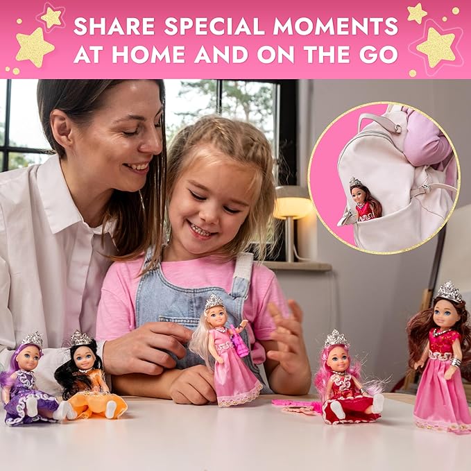TOMLEON Princess Dolls Playset – 6 Mini Princess Dolls with Colorful Gowns, Crowns & Jewelry – Fantasy Role Play Set for Kids with Elegant Dresses, Accessories & Royal-Themed Box – Gift for Ages 3+