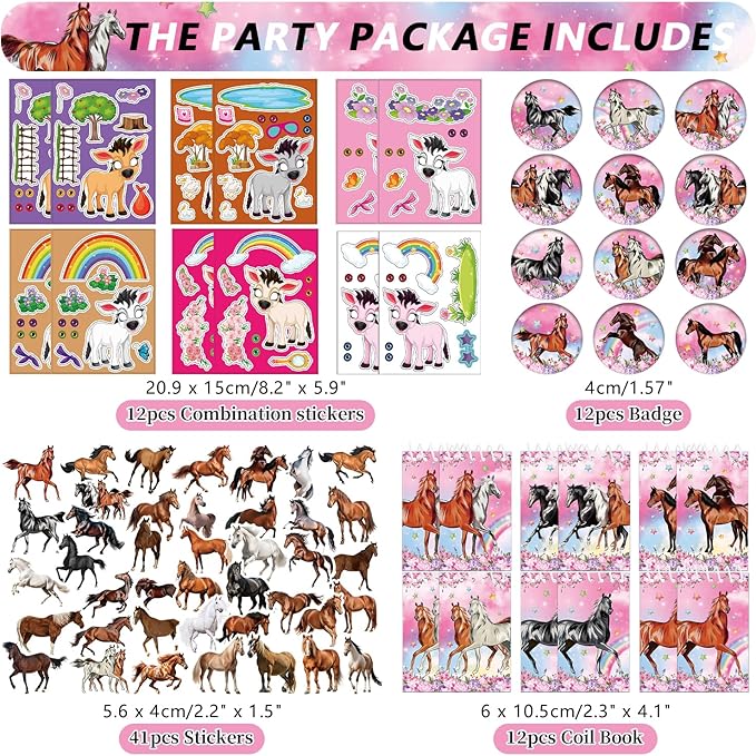 113 PCS Pink Horse Party Favors Set, 41 Horse Stickers, 12 Goodie Bags,12 Button Badges, 12 Keychains, 12mini notepads,12 rubber bracelets for Girl Women Cowgirl Horse Birthday Party Supplies (Pink)