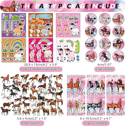 113 PCS Pink Horse Party Favors Set, 41 Horse Stickers, 12 Goodie Bags,12 Button Badges, 12 Keychains, 12mini notepads,12 rubber bracelets for Girl Women Cowgirl Horse Birthday Party Supplies (Pink)