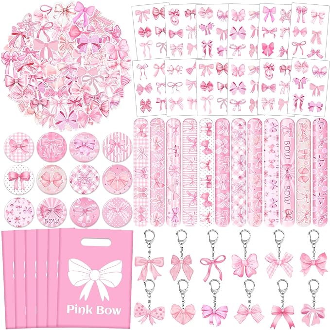 110 PCS Pink Coquette Bow Party Favors, Pink Coquette Bow Temporary Tattoos Slap Bracelets Stickers Keychains Badges Gift Bags for Bow Coquette Birthday Party Decorations Supplies for Kids Girls