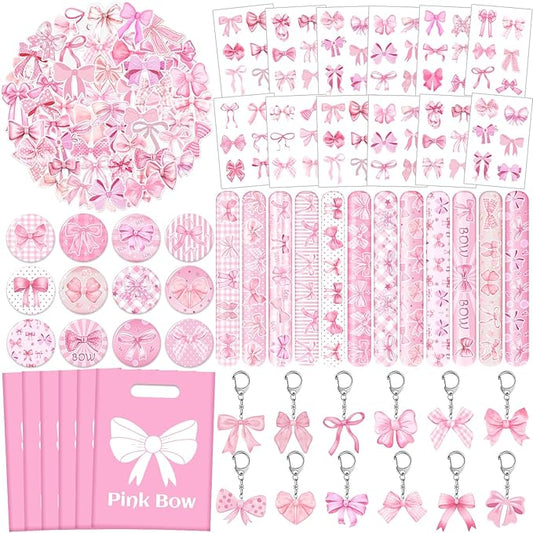 110 PCS Pink Coquette Bow Party Favors, Pink Coquette Bow Temporary Tattoos Slap Bracelets Stickers Keychains Badges Gift Bags for Bow Coquette Birthday Party Decorations Supplies for Kids Girls