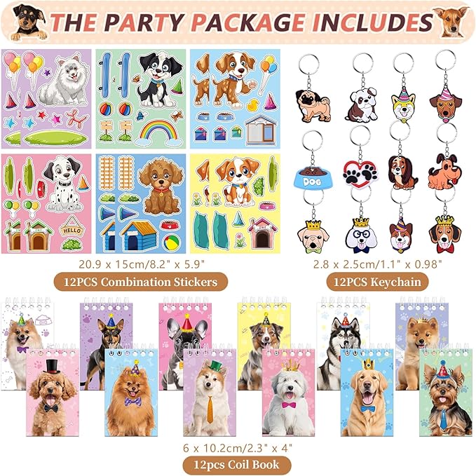 114PCS Dog Paw Party Favors Set, Puppy Party Favors for Kids, 54 Dog Stickers,12 Goodie Bags,12 Button Badges,12 Keychains,12mini Notepads,12 Slap Bracelet for Paw Print Birthday Party Supplies