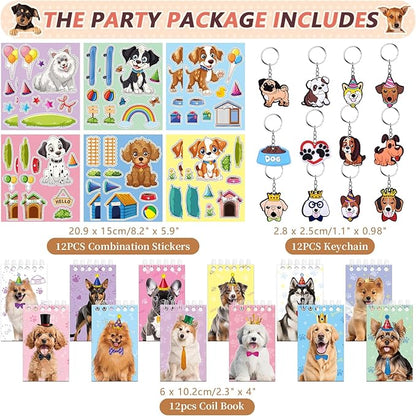 114PCS Dog Paw Party Favors Set, Puppy Party Favors for Kids, 54 Dog Stickers,12 Goodie Bags,12 Button Badges,12 Keychains,12mini Notepads,12 Slap Bracelet for Paw Print Birthday Party Supplies