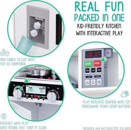 Lil’ Jumbl Kids Kitchen Set, Pretend Wooden Play Kitchen, Battery Operated Icemaker, Microwave, Range Hood, Stove Top, Oven, with Realistic Sound & Lights, Pots, Pan, & Utensils Included