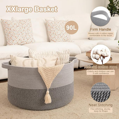OIAHOMY 90L XXXLarge Blanket Basket for Living Room, 21.7" x 13.8" Woven Cotton Rope Laundry Basket for Organizing Pillows, Decorative Stuffed Animal Toy Storage for Nursery, Lighe Grey and Dark Grey