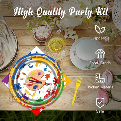 Art Party Kit for 24 Guests - 97 Pcs Including Plates, Forks, Napkins, Bunting - Unleash Imagination with Colorful Artist's Tableware